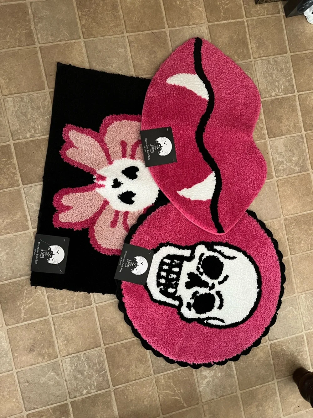 Gothic Pink & Black Skull & Bow, Skeleton & Vampire Lips 3pc Halloween Bath Rugs
